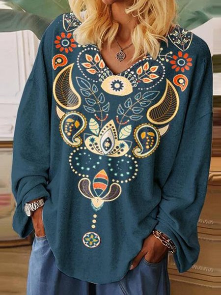 

Floral V Neck Long Sleeve Loosen Tops, Blue, Tops