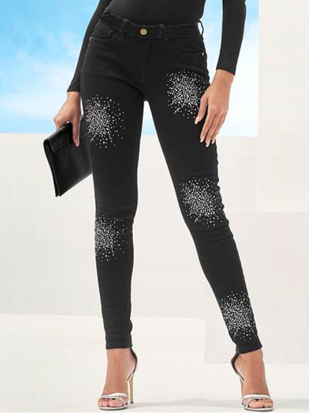 

Abstract Pants Black slim-fit denim trousers with firework hot diamond pattern, Pants