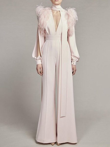 

Elegant Regular Fit V Neck Solid One-Pieces, Pink, Jumpsuits