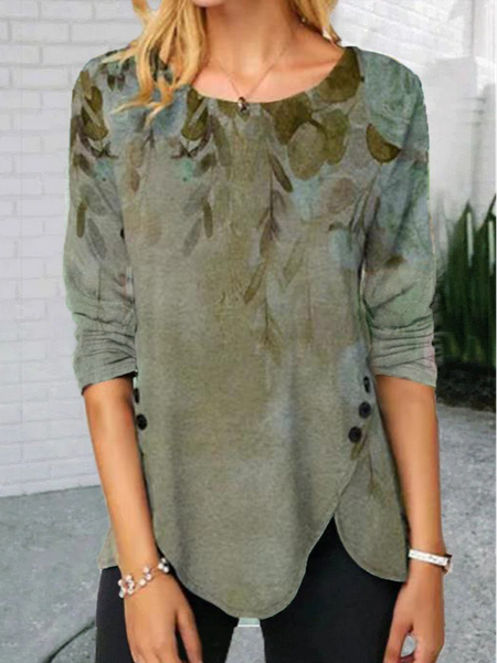

Crew Neck Casual Shirts & Tops, Army green, Long sleeve tops