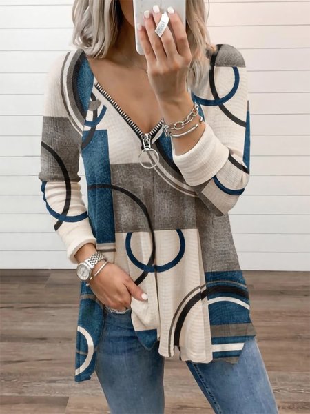 

JFN V Neck Geometric Casual Tunic Tops, Multicolor, Long sleeve tops