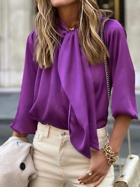 

Satin Elegant Formal Solid Top, Purple, Blouses and Shirts