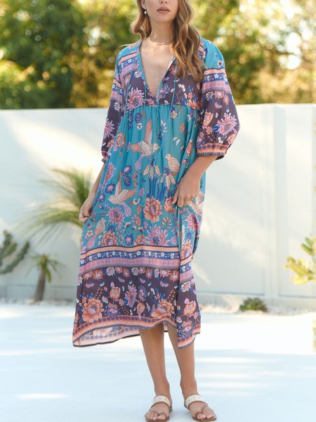 

Boho Floral V neck Loosen Three Quarter Midi Dresses, Blue, Midi Dresses