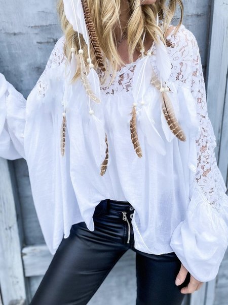 

Lace Casual Loosen Crew Neck Shirts & Tops, White, Tops
