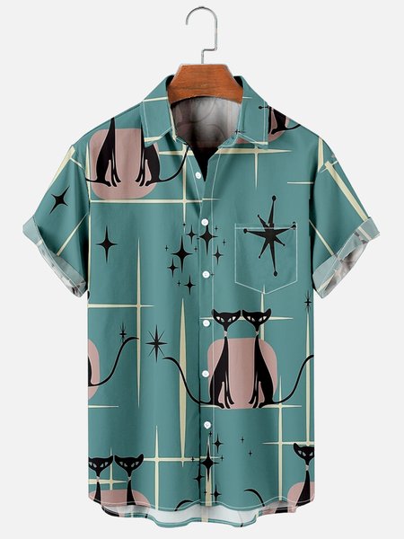 

Geometric Cat Casual Shirt, Green, Men's Floral shirt