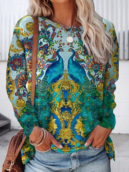

Peacock Print Crew Neck Long Sleeve Loosen T-Shirts, Multicolor, T-Shirts