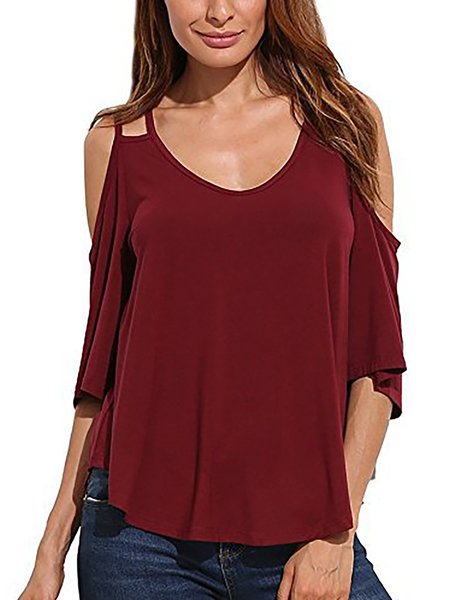 

Casual Solid Three Quarter Sleeves Tops, Wine red, Tops
