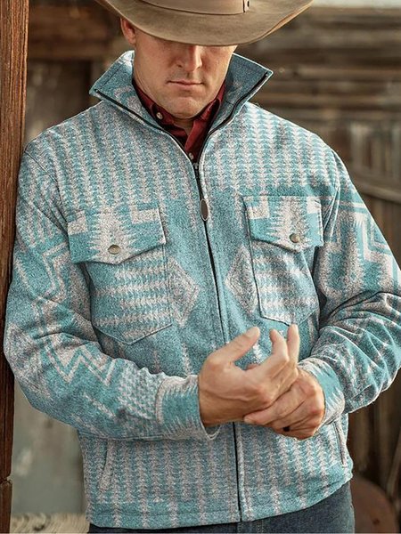 

Retro Aztec Graphic Woolen Zipper Jacket, Aqua, Jacket