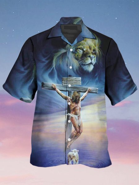 

Mens Jesus Faith Print Casual Breathable Short Sleeve Hawaiian Shirts, Blue, Men's Floral shirt