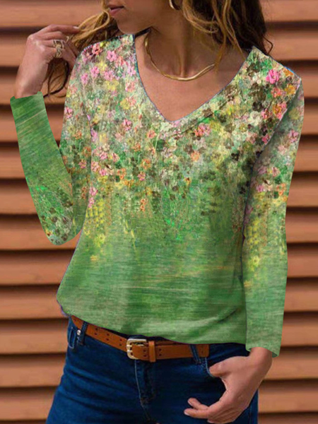 

Loosen Floral Shirts & Tops, Green, Long sleeve tops