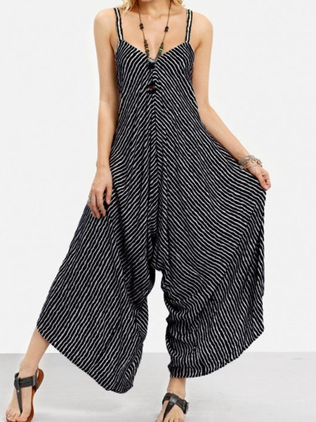 

Loosen Striped Jumpsuit & Romper, Black, Jumpsuits