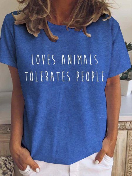 

Loves Animals Tolerates People Casual Crew Neck T-shirt, Blue, T-shirts