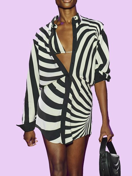 

Regular Fit Shirt Collar Striped Dress, Black, Midi Skirts