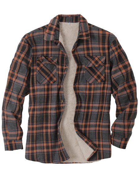 

Mens Warm Sherpa Lined Fleece Plaid Button Up Shirt Jacket, Brown, Jacket