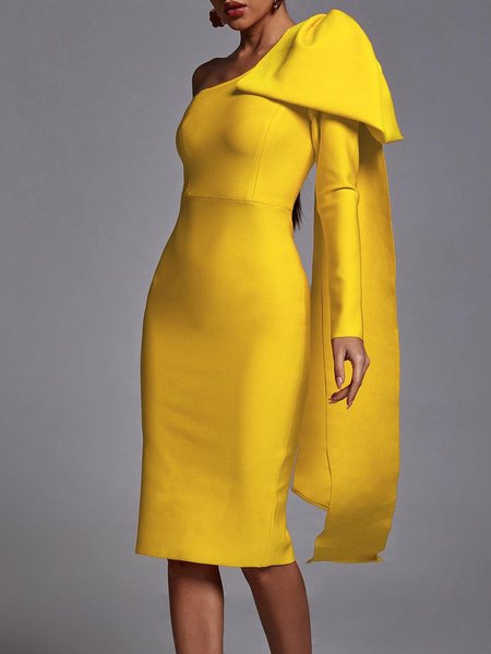 

One Shoulder Regular Fit Elegant Dress, Yellow, Midi Dresses