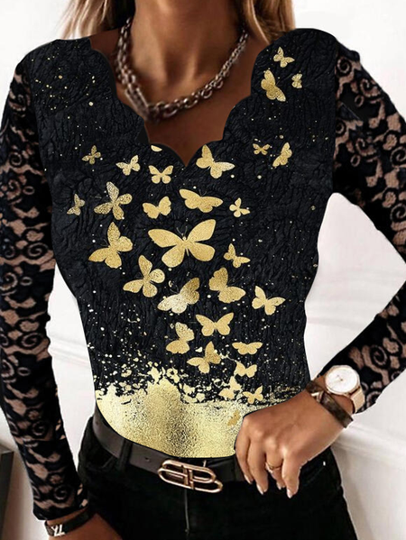

Butterfly V Neck Shirts & Tops, Black, Tops
