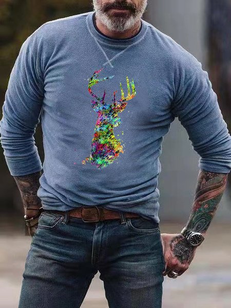 

Casual Slim Elk Digital Print Round Neck Pullover Men's T-shirt, T-shirt