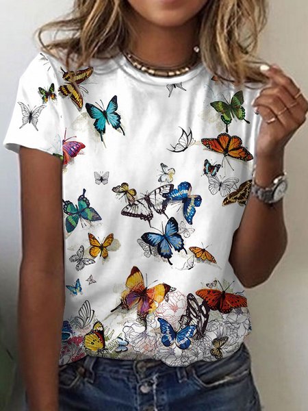

Butterfly Round Neck Casual T-shirt, White, T-Shirts