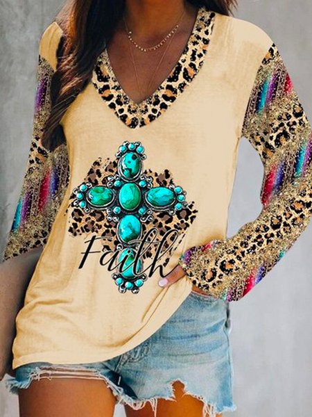 

Leopard Patterned V Neck Raglan Sleeve T-shirt, Light yellow, T-Shirts
