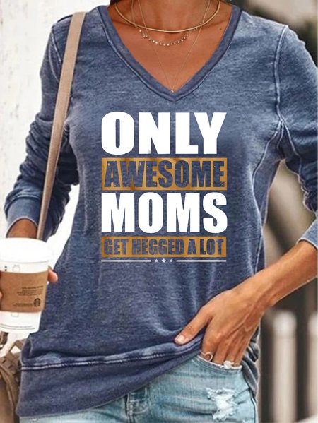 

Funny text printed V-neck long-sleeved sweatshirt, Blue, Hoodies&Sweatshirts
