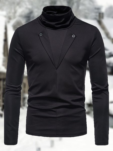 

Men's Solid Color Fake Two-piece High Collar T-shirt With Placket, Black, T-shirt