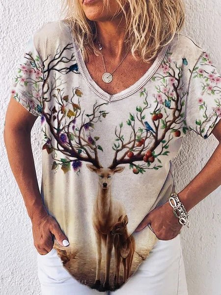 

V Neck Casual Deer Shirts & Tops, Multicolor, Tops