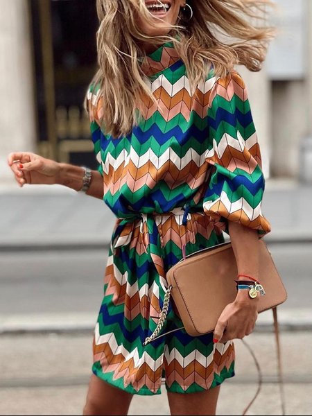 

Geometrico Stampato 3/4 Manica Allacciato taglia grande Casuale Donna Abito, Multicolore, Mini Dresses