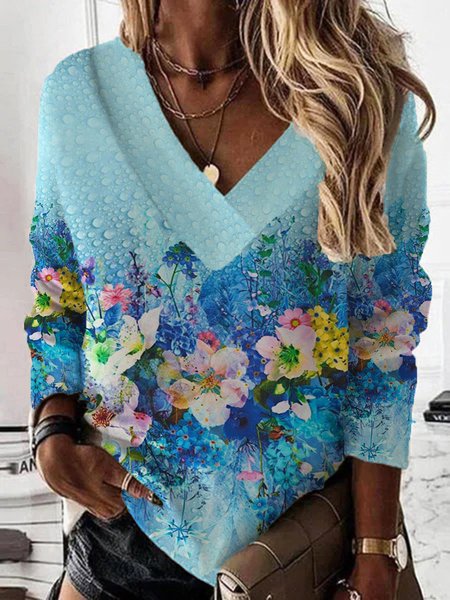 

Floral V Neck Long Sleeve Loosen Tops, Blue, Tops