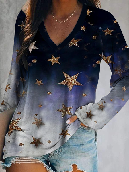 

Long sleeve V-neck geometric star gradient print loose top T-shirt Plus Size, Purple, Tops
