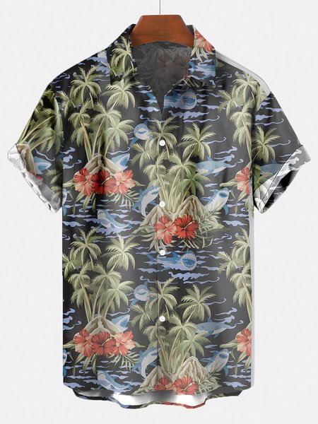 

Vintage Dolphin Hawaiian Short Sleeve Shirt, As picture, Men's Floral shirt