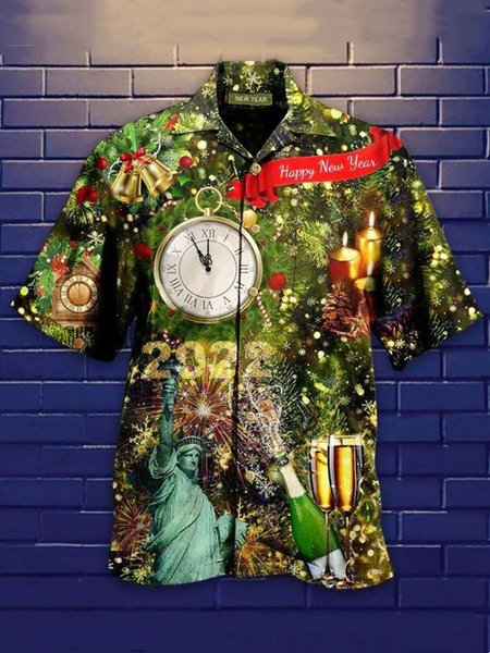 

Mens Happy New Year Print Casual Breathable Short Sleeve Hawaiian Shirts, Green, Men's Floral shirt