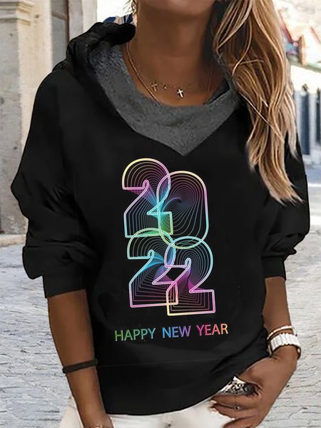 

2022 Happy New Year Print Long Sleeve Casual Loosen Sweatshirt, Black, Sweatshirts & Hoodies