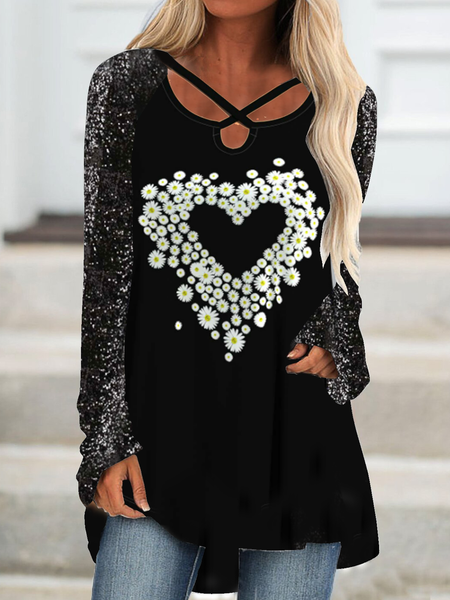 

Long sleeve V-neck plain flower love print patchwork Sequin design loose party holiday top Plus Size, Black, Tunics