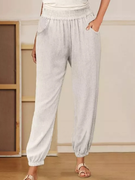 

Cotton Blends Pockets Casual Pants, White, Pants