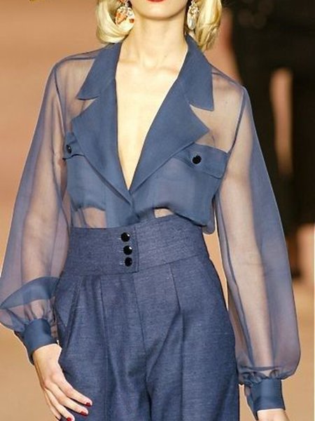 

Lapel Elegant See-Through Look Shirt, Blue, Blouses and Shirts