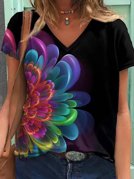 

Floral Print Casual Short Sleeve V Neck T-shirt, Black, T-Shirts