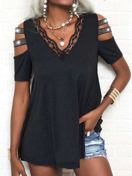 

Lace Off Shoulder V Neck Solid Short Sleeve Loosen Tops, Black, Tops