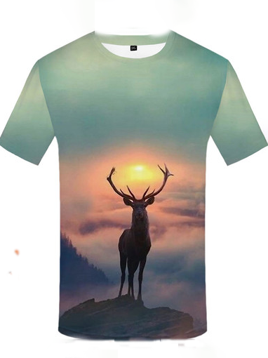

Crew Neck Sporty Elk 3d T-shirt Short Sleeve, As picture, T-shirt