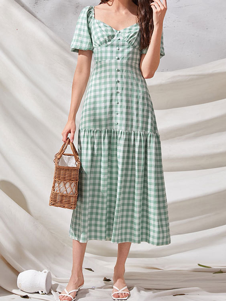 

Printed Square Neck Lady Dresses, Green, Casual Dresses
