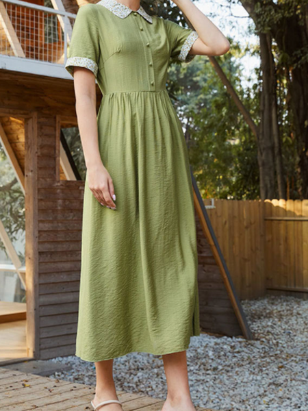 

Casual Household Daily Vintage Vacation Crew Neck Plain Dresses, Green, Casual Dresses