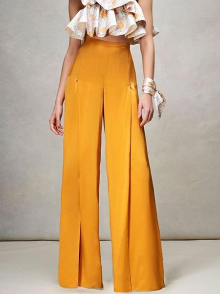 

Loosen Plain Elegant Wide Leg Daily Pants, Yellow, Wide Leg Pants