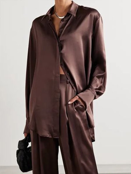 

Satin Simple Shirt Collar Basic Top, Brown, Blouses and Shirts