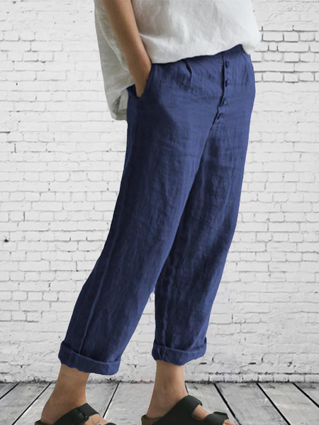 

Cotone & Lino con tasche Bottone pantaloni, Blu_scuro, Pants
