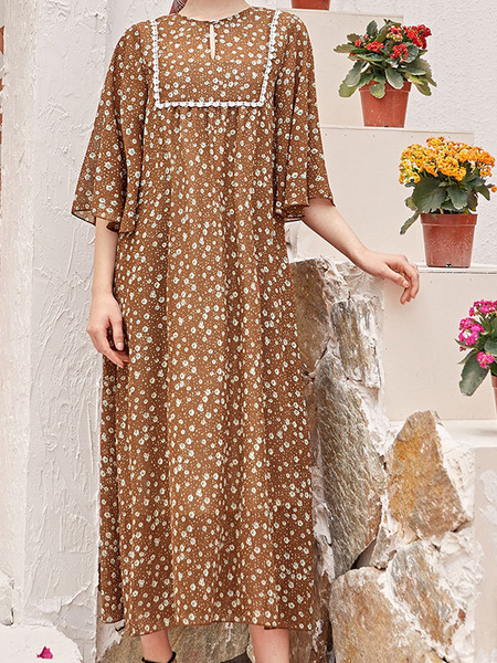

Printed Crew Neck Vacation Dresses, Khaki, Floral Dresses