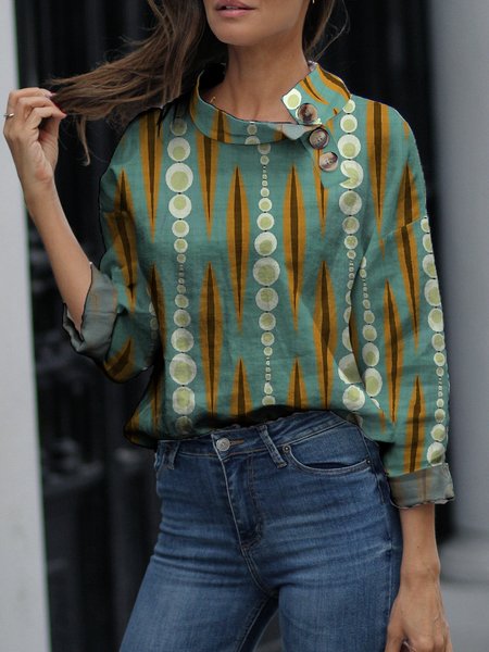 

Geometric Print Stand Collar Off Shoulder Vacation Tops, Green, Tops