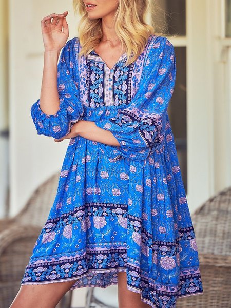 

Boho V Neck Floral Three Quarter Loosen Dresses, Blue, Mini Dresses