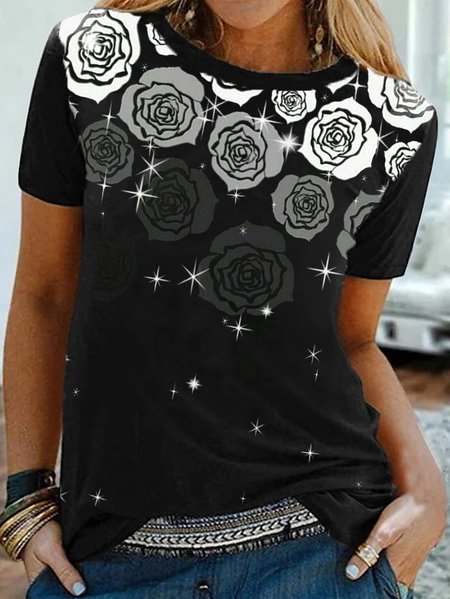 

Crew Neck Casual Floral Cotton Blends Shirts & Tops, Black, Tops