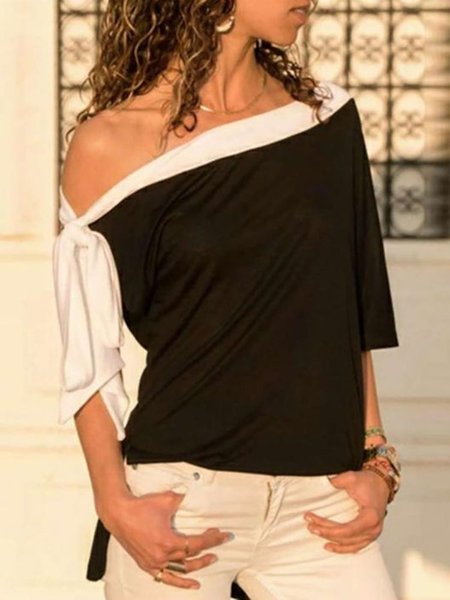 

Color Block One Shoulder Loosen Casual Shirts & Tops, Black-white, Tops