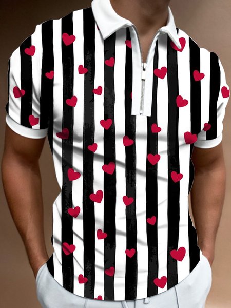 

Valentine's Day Love Striped Cotton Blend Short Sleeve Polo Shirt, As picture, Polos