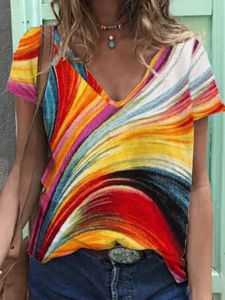 

wooden rainbow Abstract V neck Shirts & Tops, Multicolor, Tops